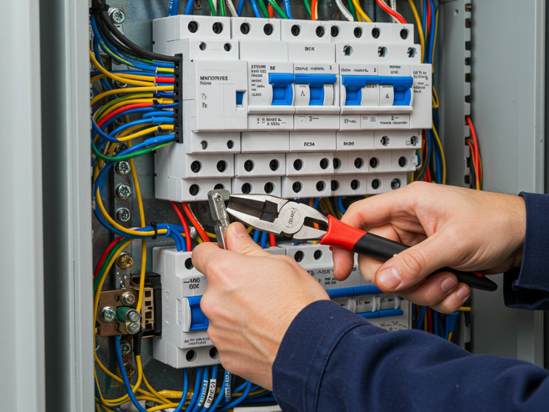 Electrician using pliers to work on an electrical panel.