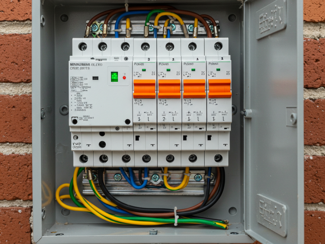 Close-up of an electrical panel with circuit breakers and wiring.