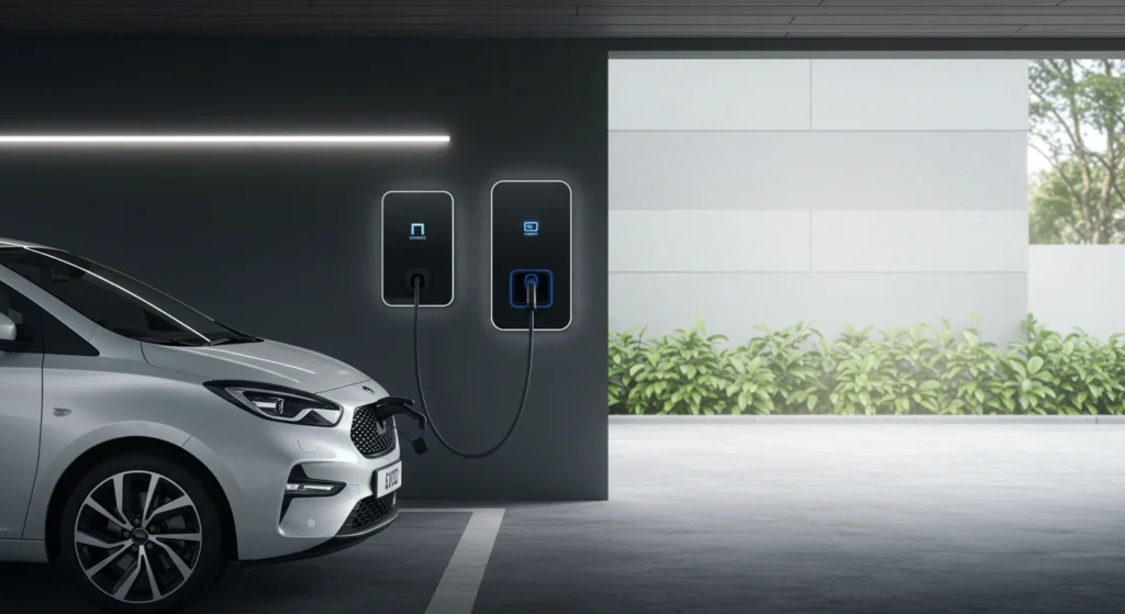 Electric vehicle charger mounted on a wall next to a parked car.