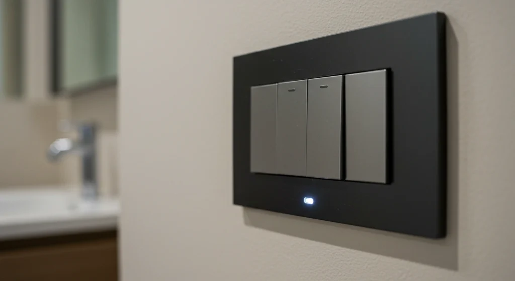 A close-up of a modern power outlet with multiple switches and a USB port.