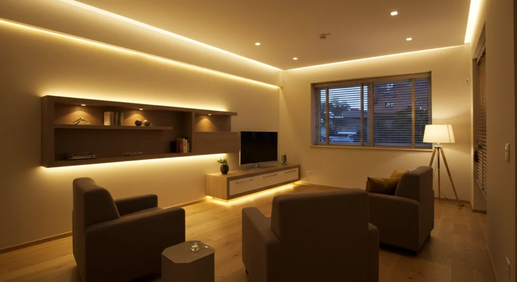 A hallway with sleek, modern lighting fixtures illuminating the ceiling.