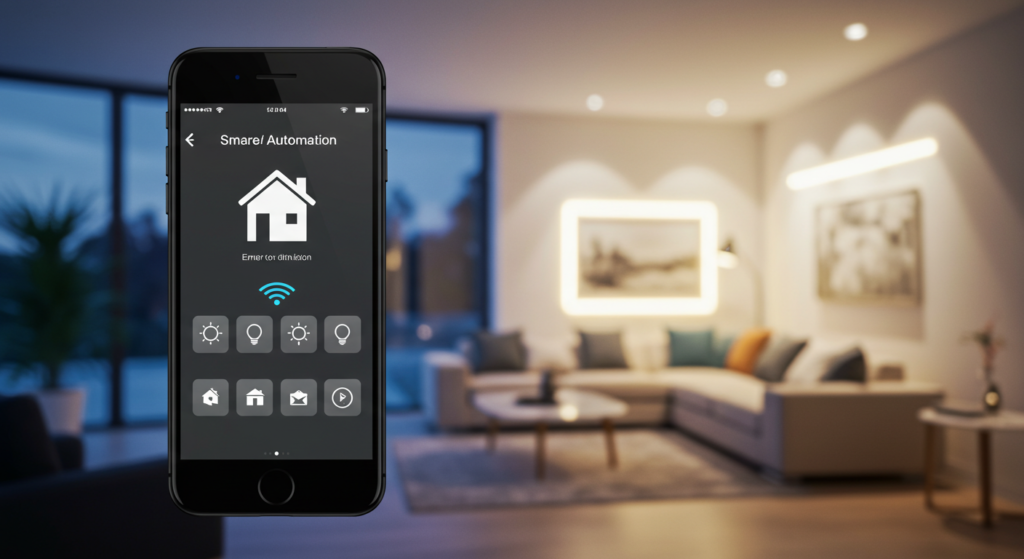 a smartphone with a smart home control app displayed, next to a smart device.